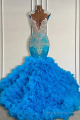 Ocean Blue Mermaid Tulle Ruffle Prom Dress Long With Beadings