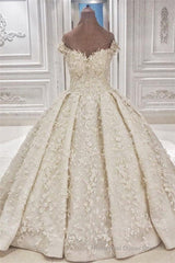 Cap sleeves Off the shoulder Lace Appliques Ball Gown Wedding Dress