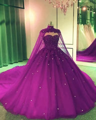 Tulle Ball Gown Wedding Dress, With Cape Prom Dresses, Evening Dresses