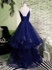 Charming Spaghetti Strps Navy Blue Prom Dress 2025 Tulle Layers Long Evening Gown