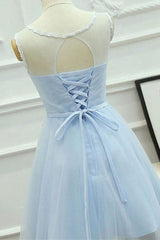 Short Blue Lace Formal Graduation Homecoming Dress