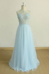 A Line Round Neck Baby Blue Lace Long Prom Dress, With Butterfly