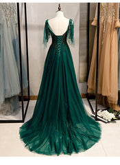 Elegant V Neckline Straps Tulle Long Junior Prom Dress, Green Prom Dress 2025