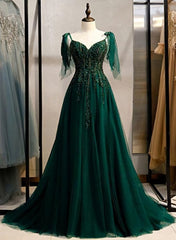 Elegant V Neckline Straps Tulle Long Junior Prom Dress, Green Prom Dress 2025