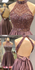 Halter Beaded Open Back Short Homecoming Dress 2025 Custom Made