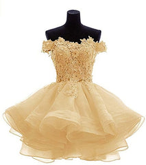 Elegant Yellow Appliques Tulle Dress, Ruffles Off Shoulder Short Homecoming Dress