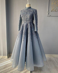 Modest Blue Prom Dresses, Lace Emroidery Evening Dress