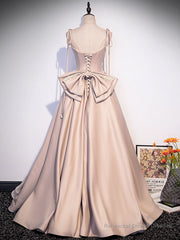 Champagne A-Line Satin Long Prom Dress, Champagne Formal Evening Dress