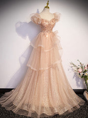 Champagne A-Line Tulle Beading Long Prom Dress, Champagne Formal Dresses