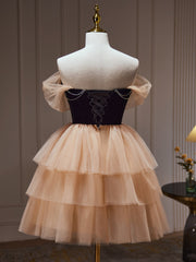 Champagne and Black Sweetheart Short Formal Dress, Tulle Homecoming Dress