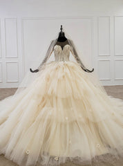 Champagne Ball Gown Tulle Long Sleeve Appliques Beading Wedding Dress