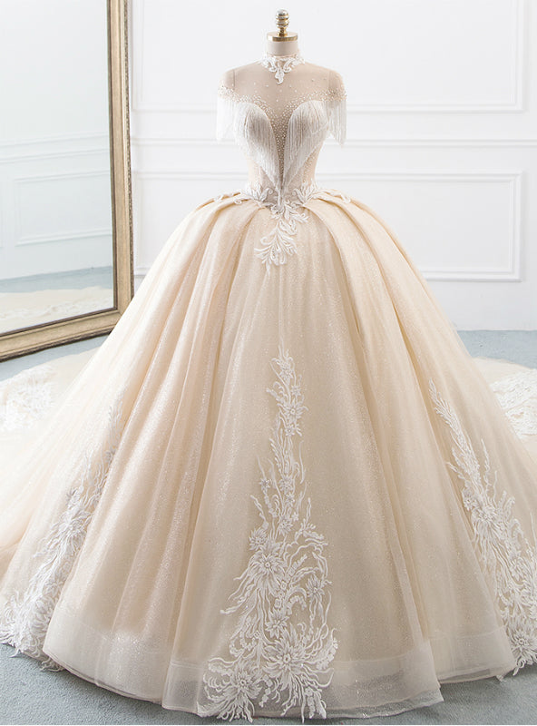 Champagne Ball Gown Tulle Sequins High Neck Backless Wedding Dress