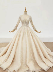 Champagne Ball Gown Tulle Sequins Long Sleeve Beading Wedding Dress