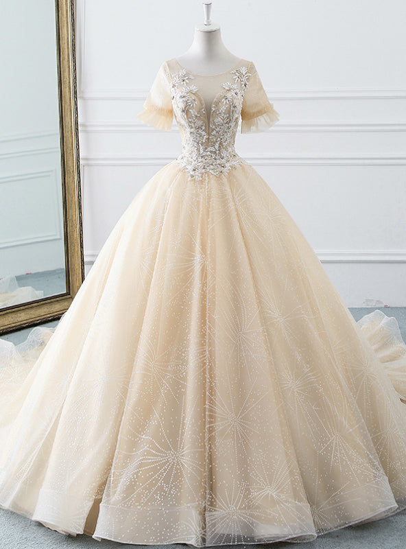 Champagne Ball Gown Tulle Short Sleeve Backless Wedding Dress With Beading