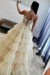 Champagne Beaded Spaghetti Strap Ruffle Tiered Ball Gown