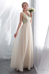 Champagne Chiffon Backless Long Prom Dresses with Sequins