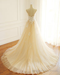 Champagne Long A-line Sweetheart Tulle Spaghetti Sweep Train Wedding Dress