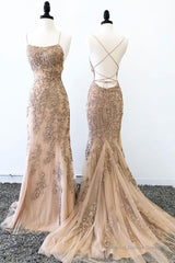 Champagne Mermaid Backless Lace Appliques Long Prom Dresses, Champagne Lace Formal Dresses, Champagne Graduation Evening Dresses