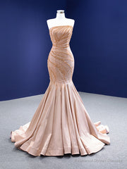 Champagne Mermaid Satin Strapless Beading Sequins Prom Dress