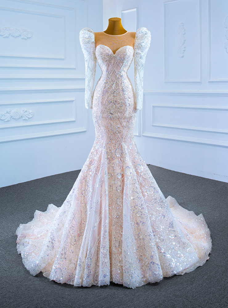 Champagne Mermaid Sequins Long Sleeve Wedding Dress