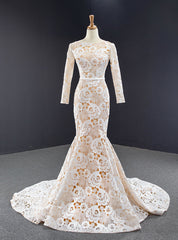 Champagne Mermaid Tulle Lace Flower Long Sleeve Prom Dress