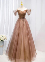 Champagne Off Shoulder Beaded A-line Tulle Long Party Dress, Long Evening Gown