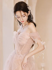 Champagne Off Shoulder Tulle Sequin Long Prom Dress, Champagne Evening Dress