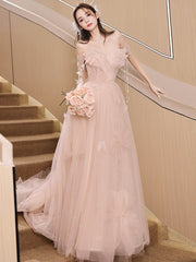 Champagne Pink A-Line Tulle Sequin Long Prom Dress, Champagne Pink Formal Dress