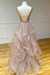 Champagne round neck tulle lace long prom dress evening dress