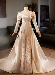 Champagne Satin Long Sleeve Wedding Dress