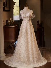 Champagne Sequins Off the Shoulder Wedding Dress