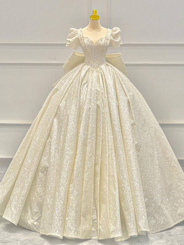 Champagne Sequins Square Puff Sleeve Beading Wedding Dress