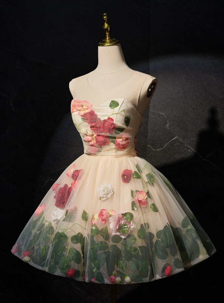 Champagne Tulle Flower Leaf Homecoming Dress