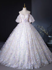 Champagne Tulle Flower Puff Sleeve Quinceanera Dress