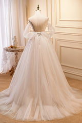 Champagne Tulle Long Prom Dress, Spaghetti Strap Evening Dress with Bow