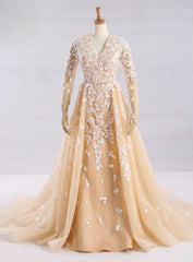 Champagne Tulle Long Sleeve Nude Color Tulle Crystal Royal Party Dress