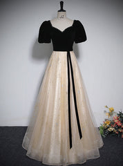 Champagne Tulle Sequins Black Velvet Short Sleeve Prom Dres