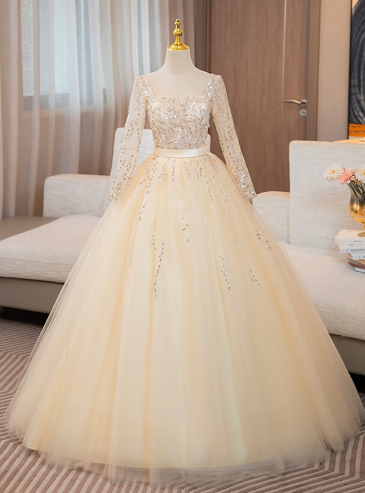 Champagne Tulle Sequins Long Sleeve Square Quinceanera Dress