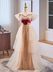 Champagne Tulle Sequins Pearls Prom Dress