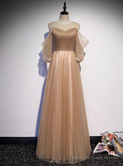 Champagne Tulle Short Sleeve Pearls Prom Dress