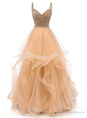 Champagne Tulle Spaghetti Straps Tulle Prom Dress With Beading