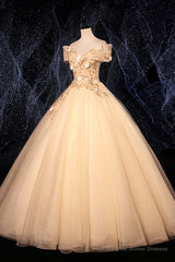 Champagne V-Neck Lace Long Ball Gown, Off the Shoulder Formal Evening Dress