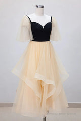 Champagne V Neck Tea Length Prom Dresses, Tea-Length Formal Graduation Dresses