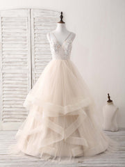 Champagne V Neck Tulle Lace Applique Long Prom Dress Sweet 16 Dress