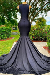 Charming Black Long Mermadi Jewel Satin Tulle Lace Appliques Prom Dress