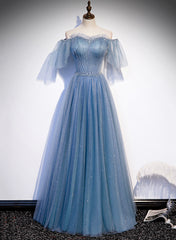 Charming Light Blue Tulle Puffy Sleeves Floor Length Party Dress,Blue A-line Princess Gowns Prom Dresses