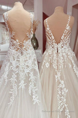 Charming Long A-Line V-neck Appliques Lace Tulle Wedding Dress