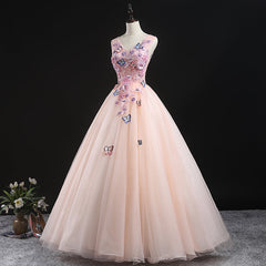 Charming Pink Flowers Ball Gown Long Sweet 16 Dress, Pink Prom Dress