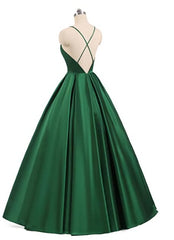 Charming Satin Cross Back Deep V-neckline Long Party Dress, Floor Length Evening Dress