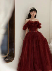 Charming Wine Red Off Shoulder Tulle Beaded Party Dress, Wine Red Prom Dress